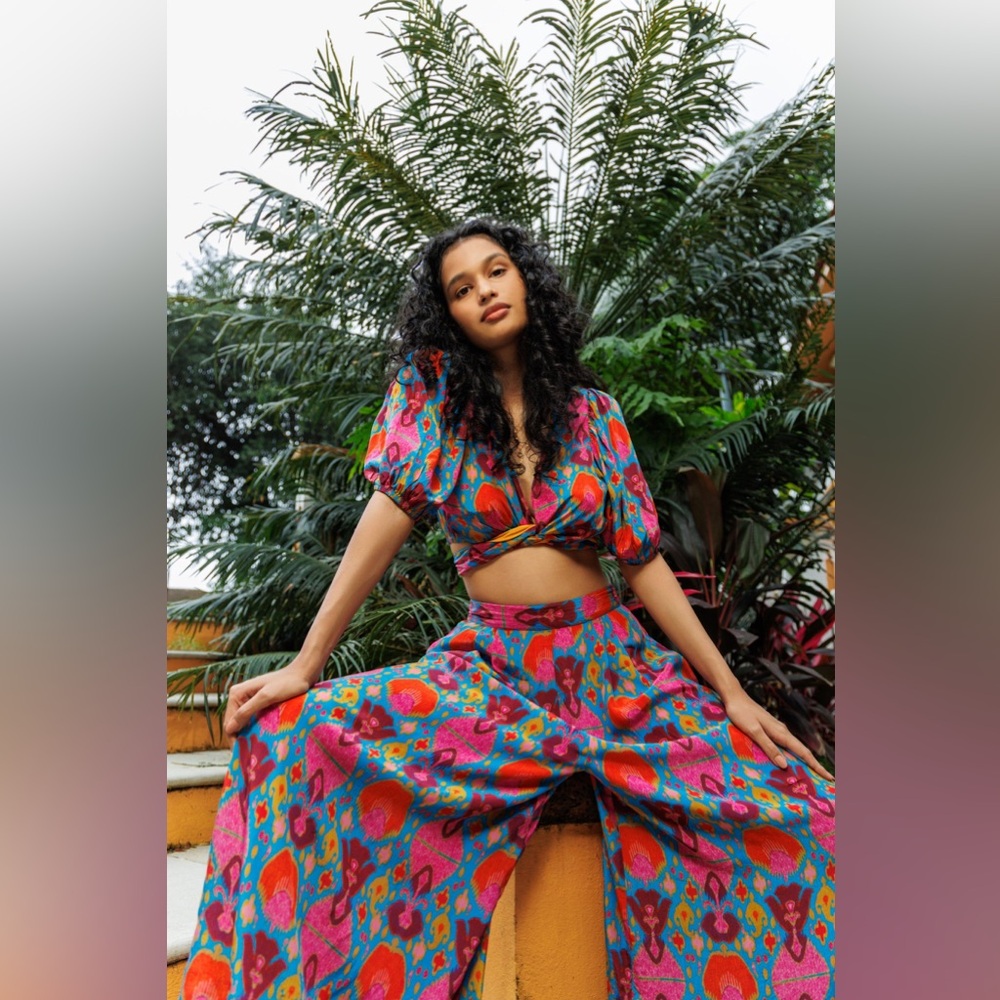 ✨ Anthropologie Ollari New York Ikat Silk-Feel Crop Top & Wide Leg Pant Set - L - Picture 4 of 16